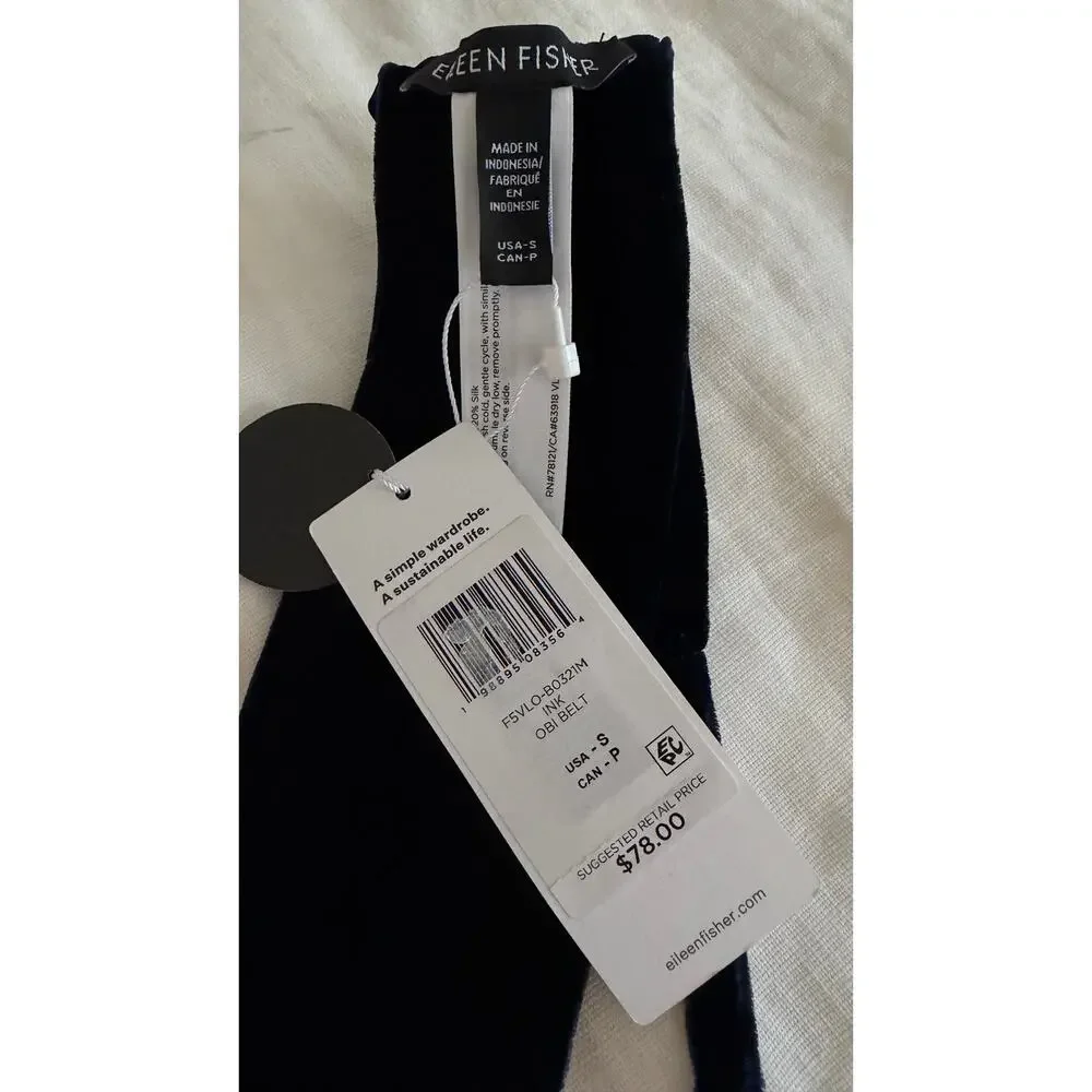 Eileen Fisher Velvet Wrap Belt Navy Blue Silk Blend Obi Sash Size S NWT $78